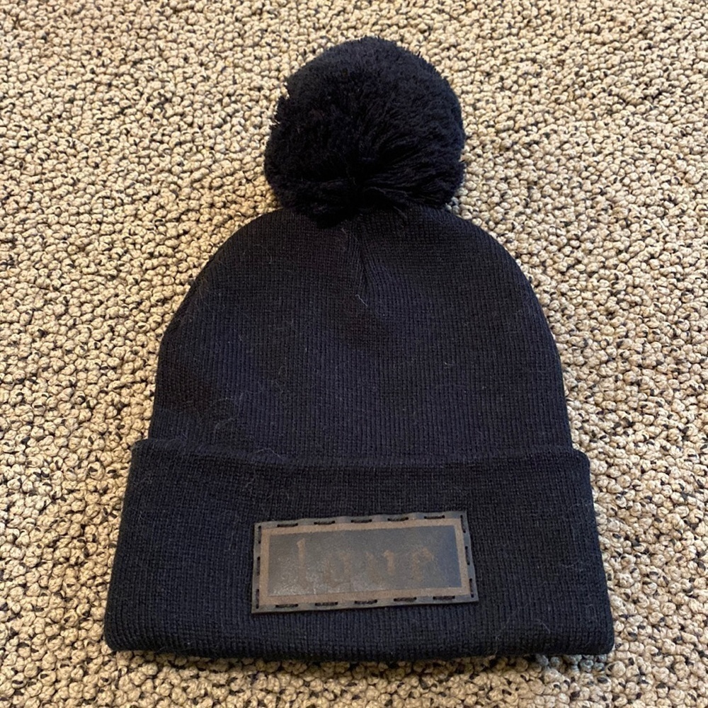 NWT Pom Pom Black Hat with Leather Love Patch